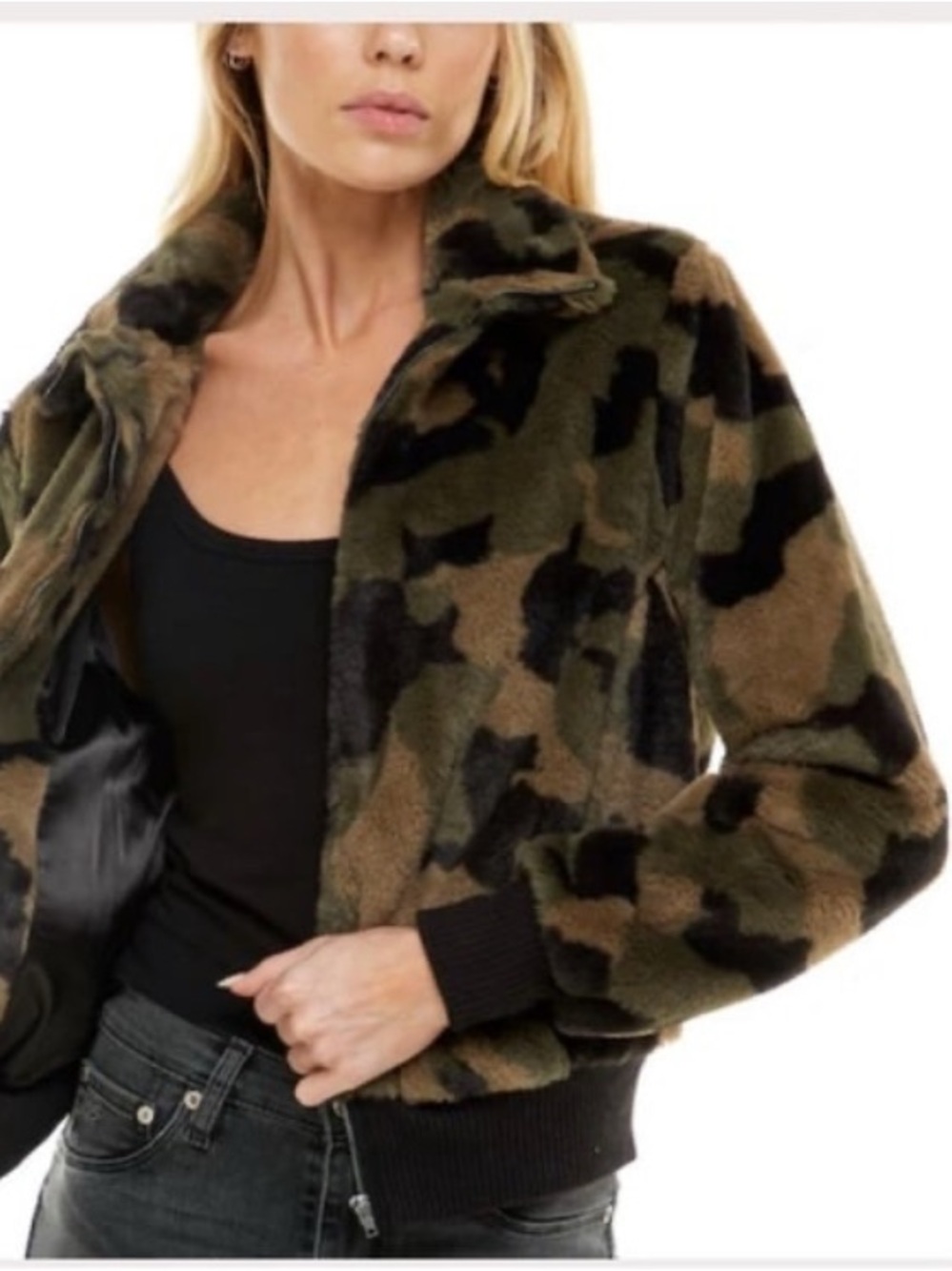 Socialite Green Black Camouflage Fluffy Bomber Jacket Women’s Size S Like New